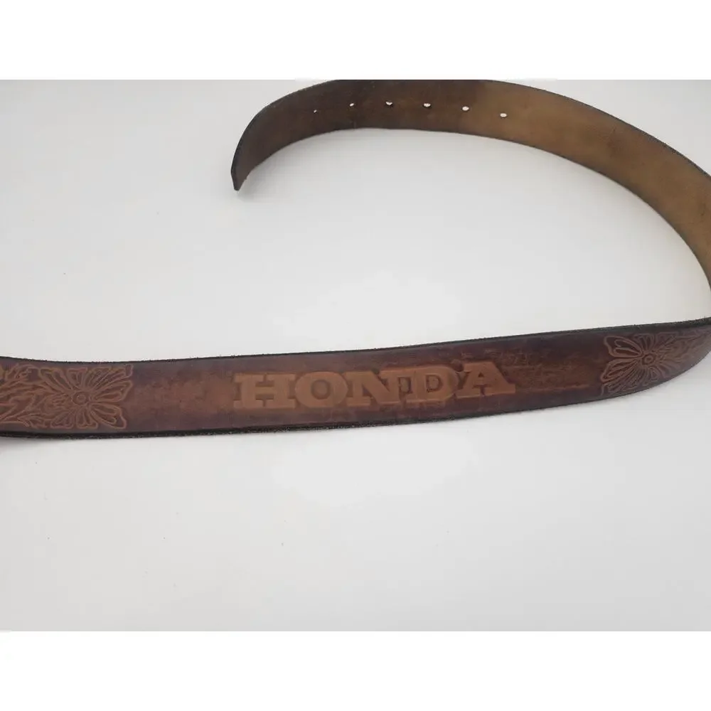 Vintage Leather Belt Size 40 with Ornate Floral Leather Work and HONDA Etching